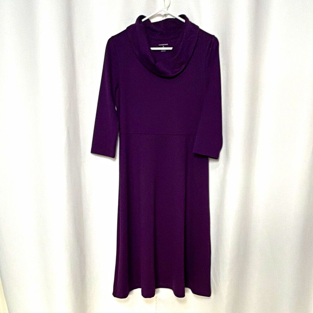 Lands' End Purple Cowl Neck 3/4 Sleeve Knit A-Line Dress Stretch Women’s Small